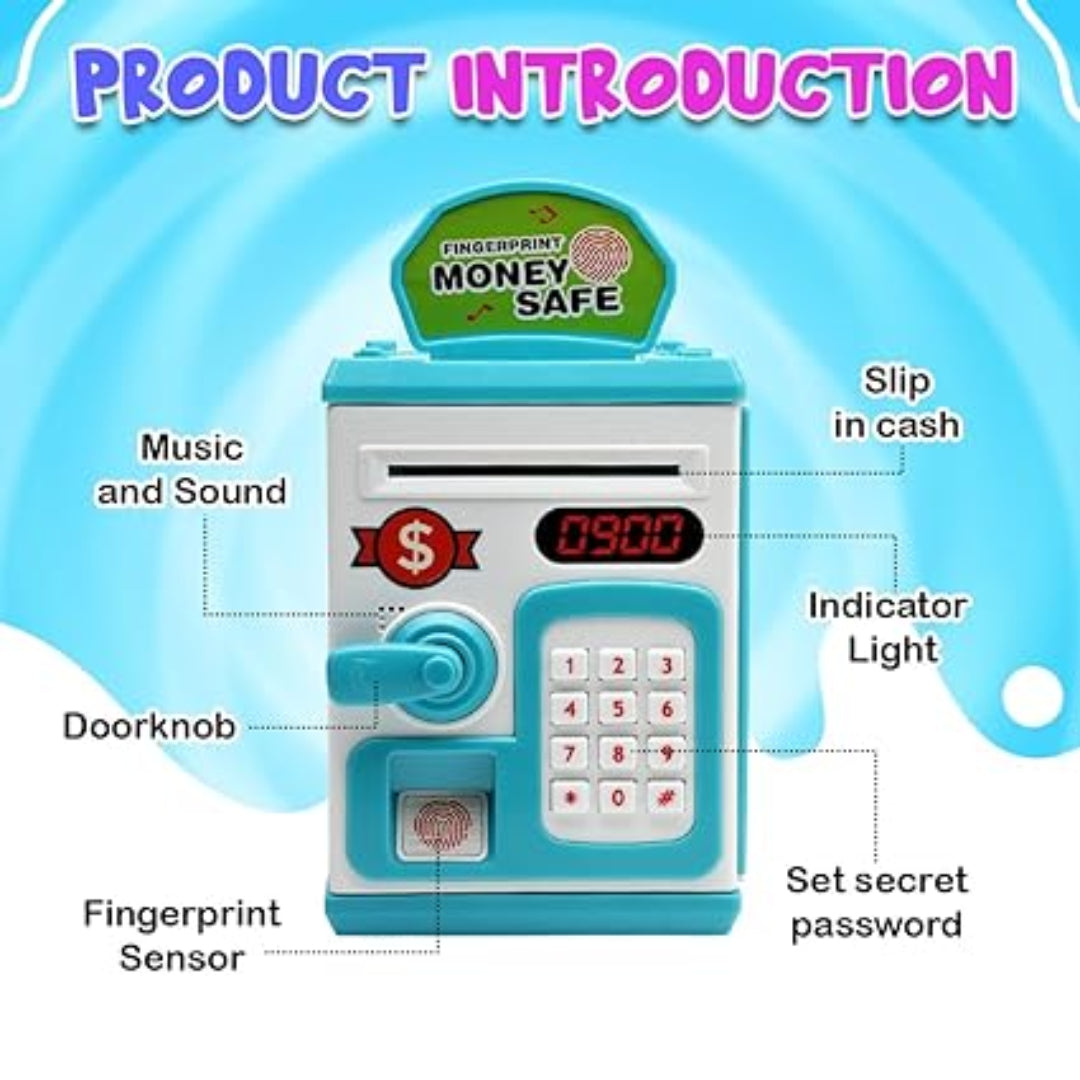 Toy money safe with digital display and keypad on a blue background
