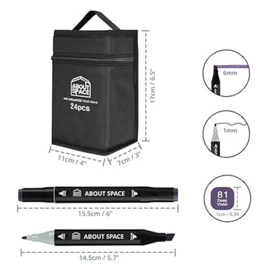 Black marker set with carrying case and product details on a white background