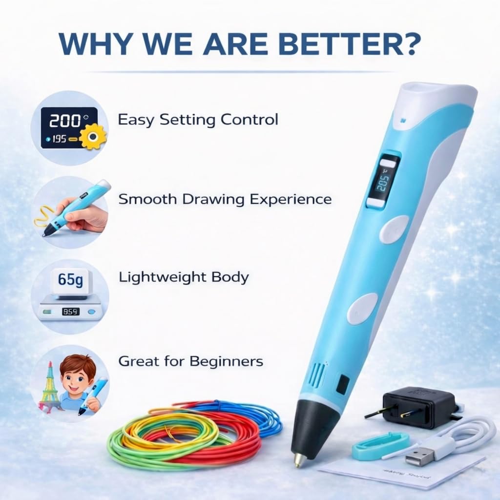 3D Printing Pen with LED Display for Kids and Adults 3D Drawing Printing Printer Pen with PLA Filament Refills (Blue)