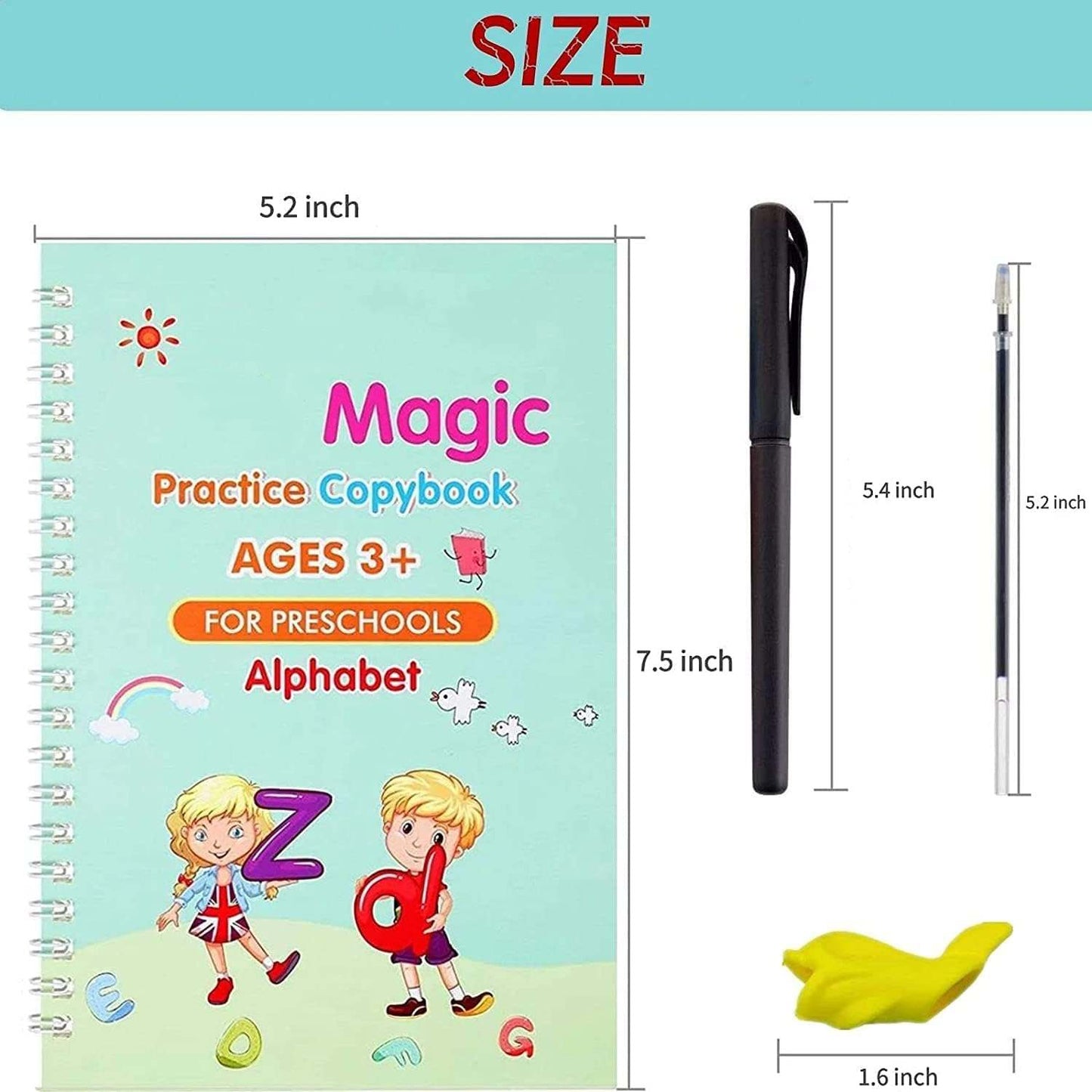 Set of 4 Sank Magic Practice Copybook for Kids - Reusable Writing Practice Workbook(Book with Pen)