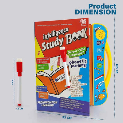 Intelligence Study Book with a pen, showing product dimensions on a gray background