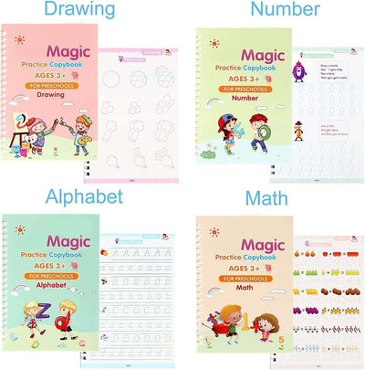 Set of 4 Sank Magic Practice Copybook for Kids - Reusable Writing Practice Workbook(Book with Pen)