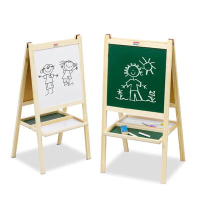 Happy Bear 2 in 1 Wooden White Dry Erase Easel Board and Chalkboard with Marker, Duster & Chalk | Standing Easel Board for Kids | Writing Board for Kids | H40CM*L79CM | Educational Toy