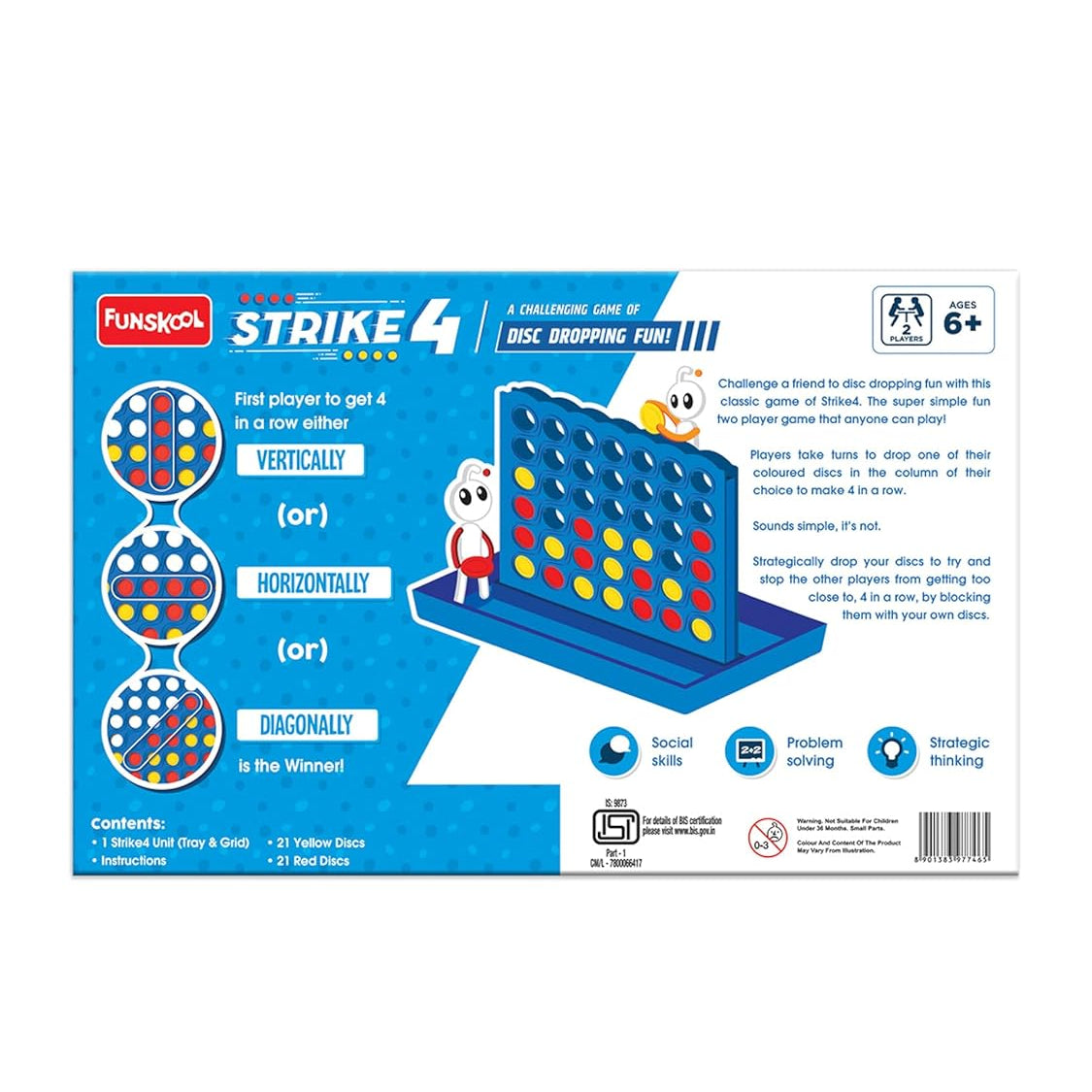 Funskool Strike 4, Classic Disc Dropping Game, Strategy Game, Board Game for Kids, Adults, Families, Educational, 2 Players, Family Fun, Activity Toy for Childrens, Gift Set for Kid, Ages 6+ Years