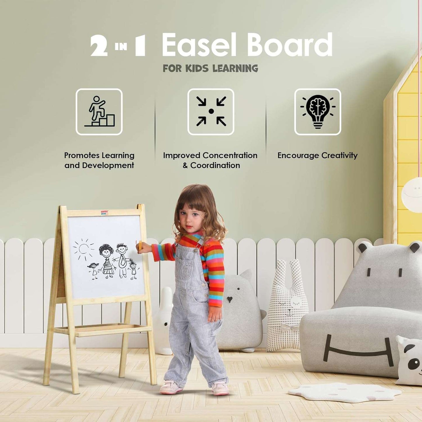 Happy Bear 2 in 1 Wooden White Dry Erase Easel Board and Chalkboard with Marker, Duster & Chalk | Standing Easel Board for Kids | Writing Board for Kids | H40CM*L79CM | Educational Toy