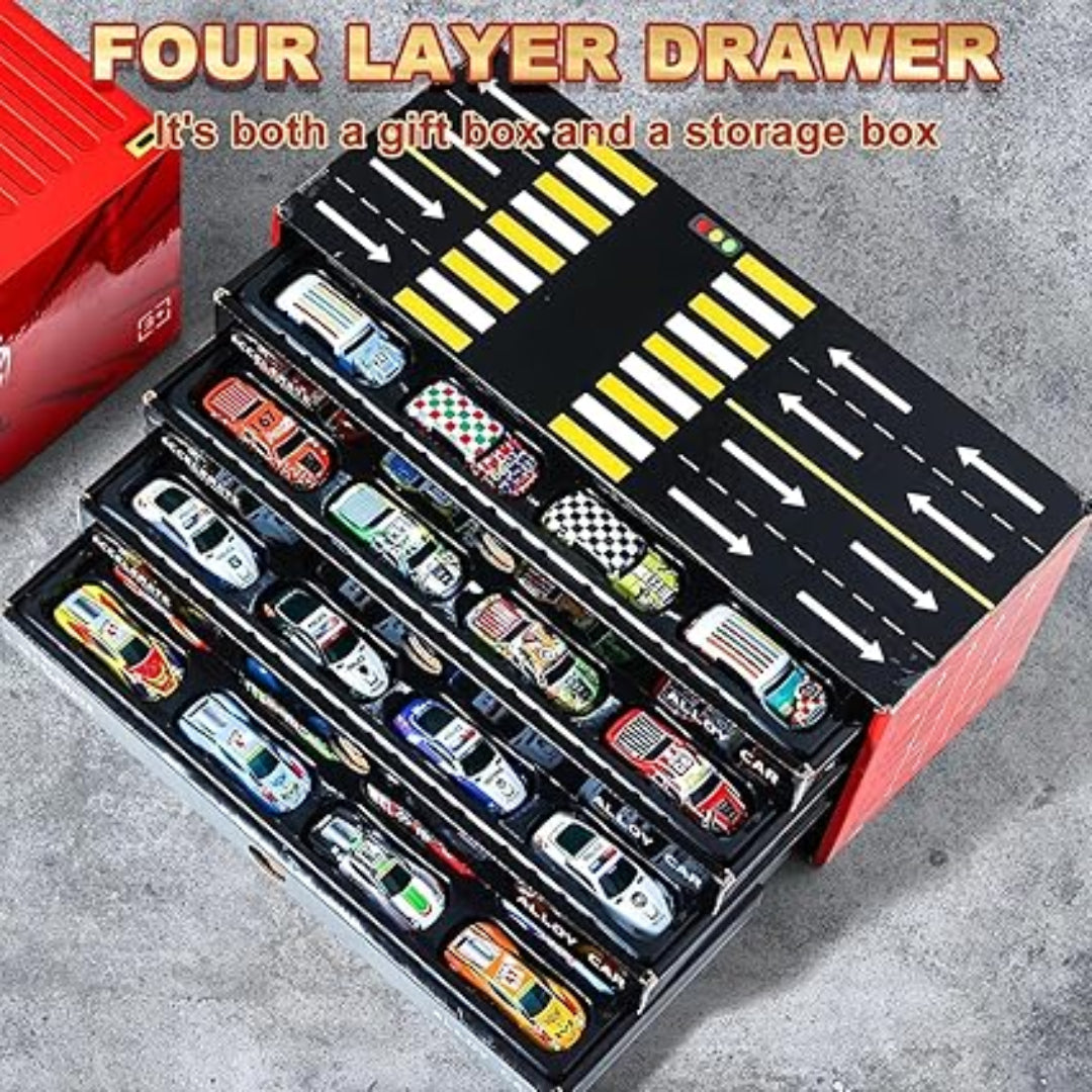 Four-layer drawer organizer with toy cars and tools on a gray surface