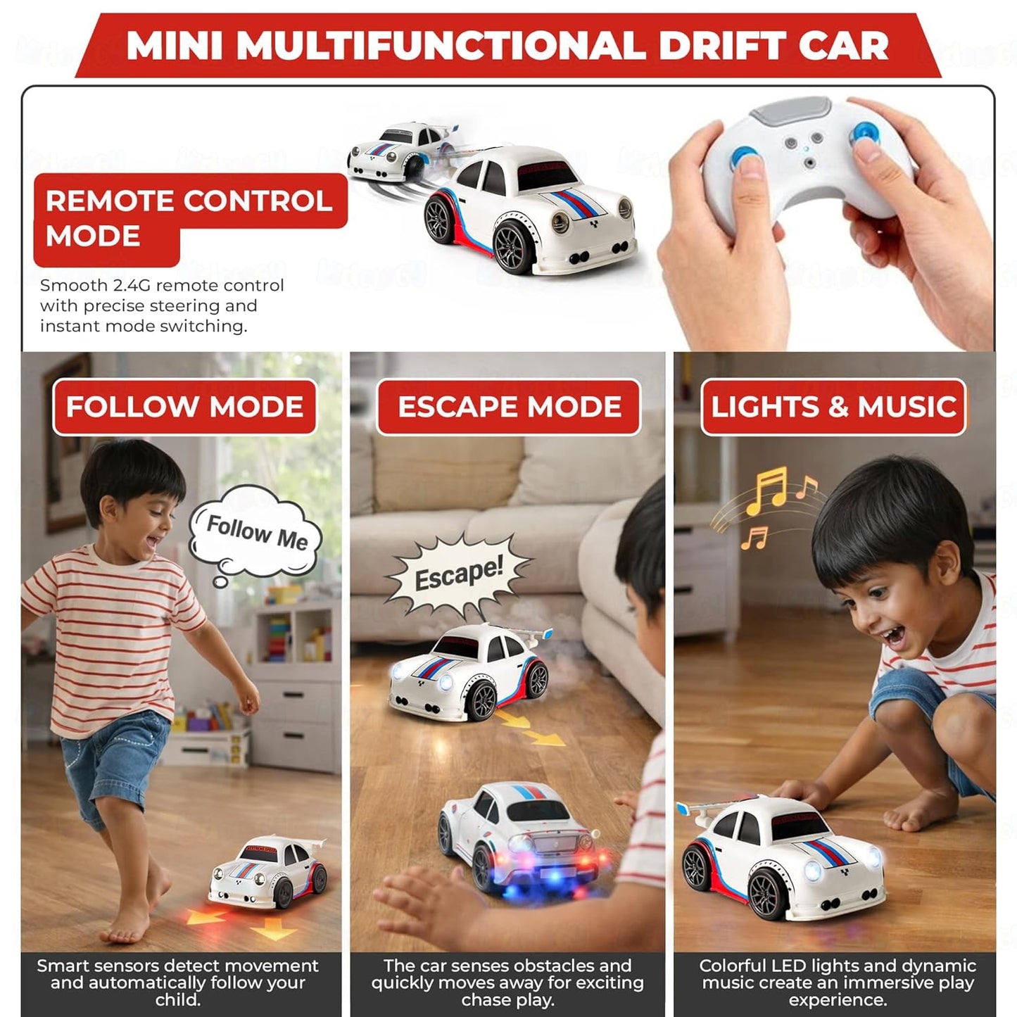 Skool Box Drifting RC Car for Kids | 2.4GHz Remote Control Racing Car with LED Lights Sound Effects | 360Β° Spins Follow and Escape Modes Sensor Control Auto Demo Toy Vehicle for Boys & Girls
