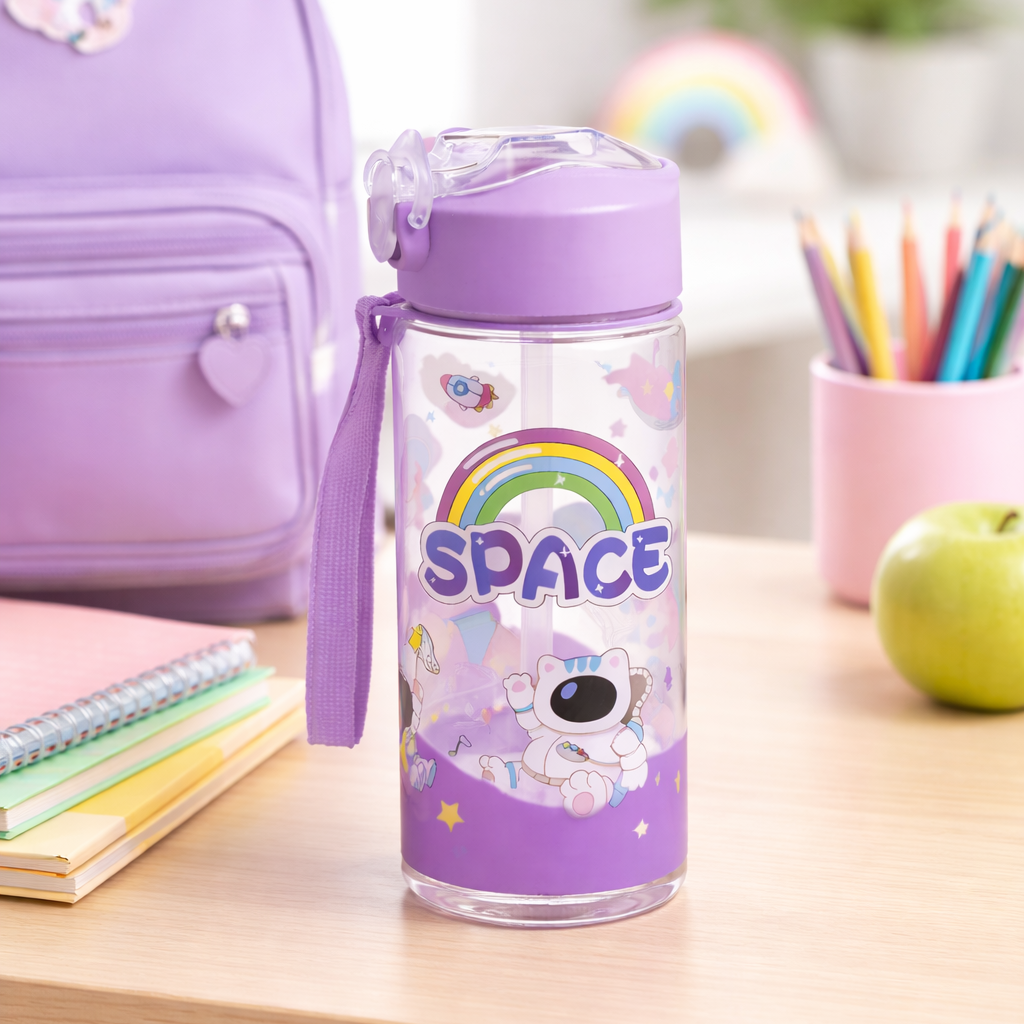Purple water bottle with cartoon character and 'SPACE' text on a desk with a backpack and stationery items.