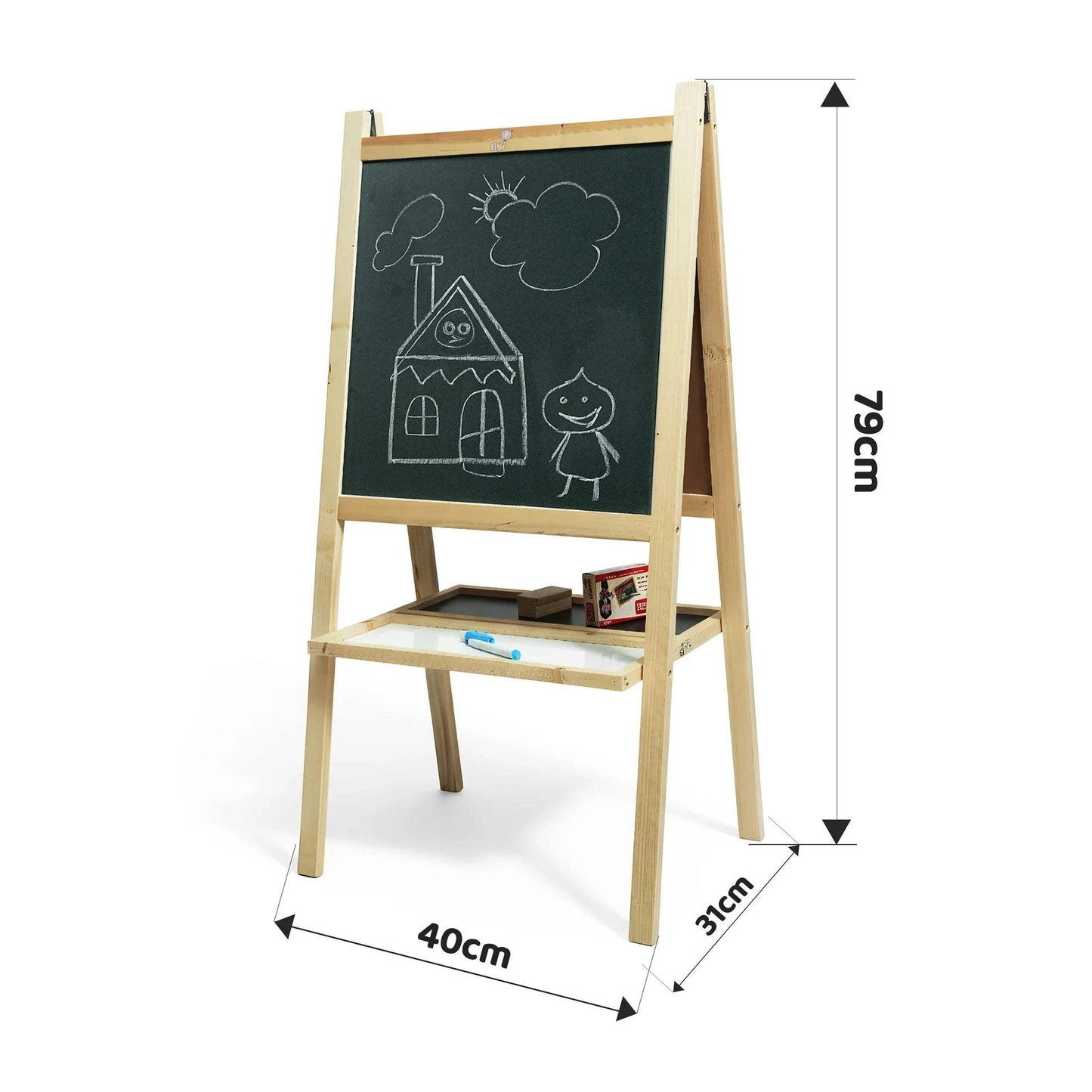 Wooden children's art easel with blackboard and whiteboard, showing measurements.