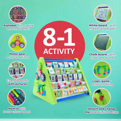 Educational toy with various activities on a green background