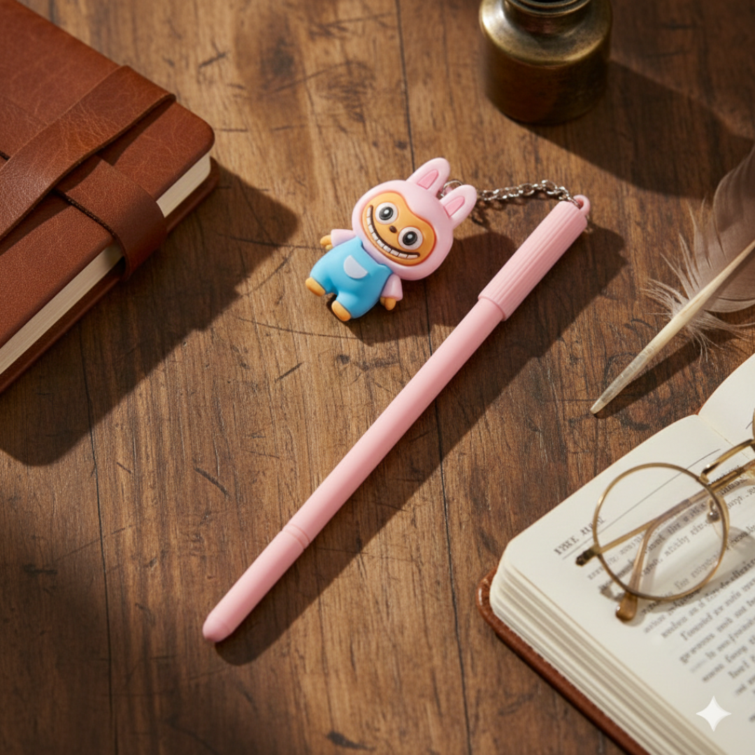 Pink pen with a cartoon character keychain on a wooden surface with books and glasses.