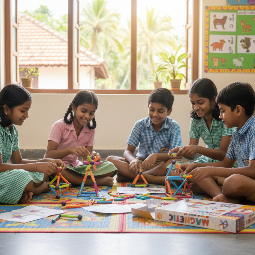 Children playing with building toys on a colorful rug in a classroom setting.