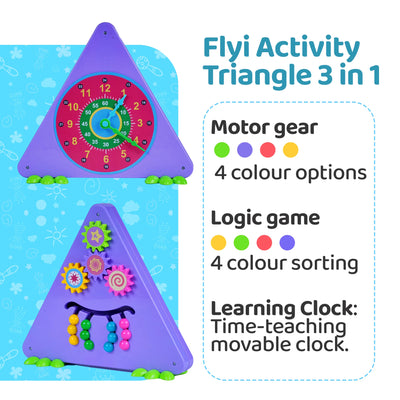FLYI 3 in 1 Activity Triangle Toy | Educational Toys for Two Year Olds – Best Montessori | Fun Learning Toys, Logic Puzzle Game, Spin Gear, Activity Clock (Violet)