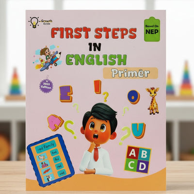 Book titled 'First Steps in English Primer' with colorful illustrations on a wooden surface.
