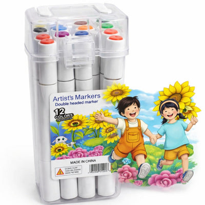 Set of double-headed markers with a colorful design on the packaging featuring two children and sunflowers.
