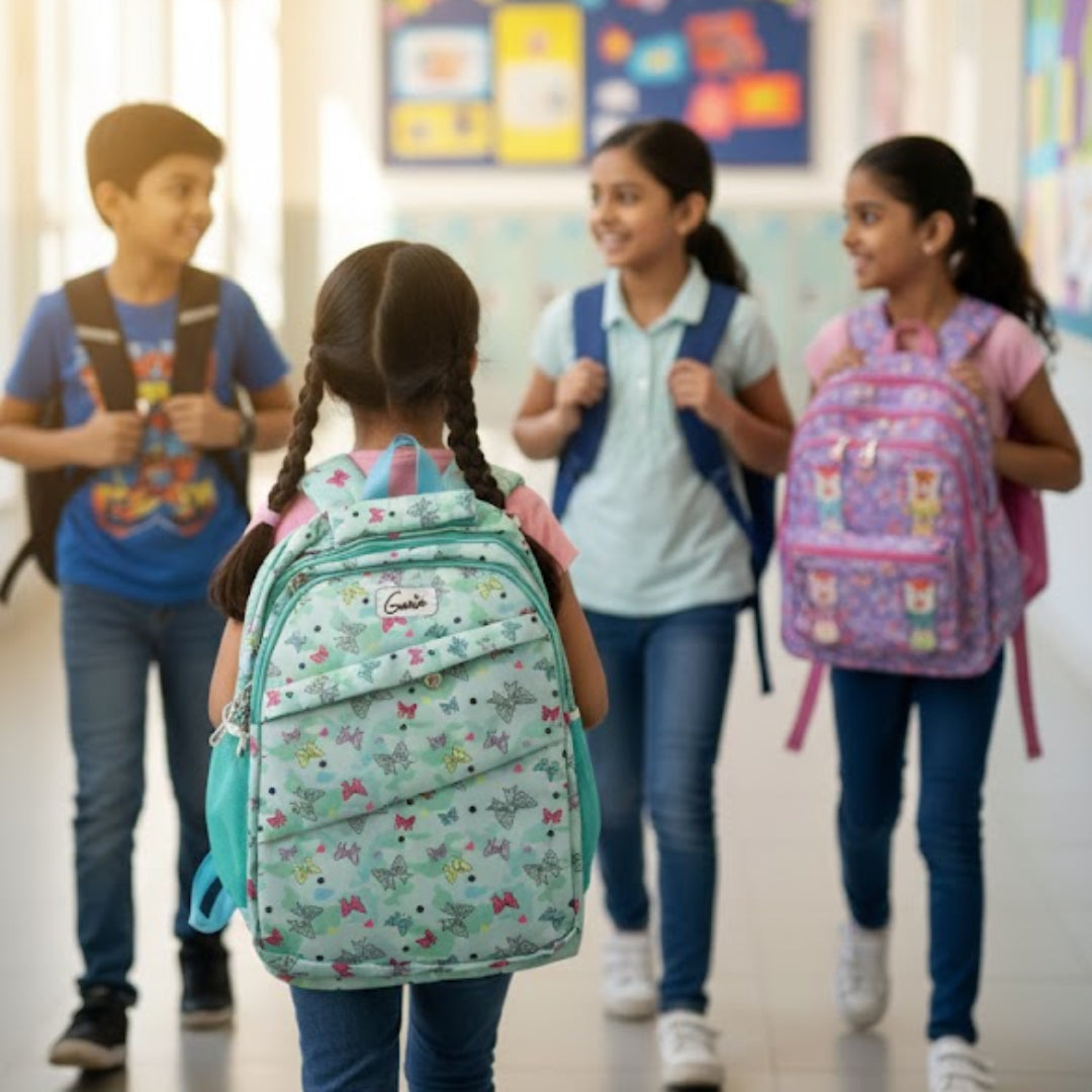 Children with backpacks walking down a school hallway