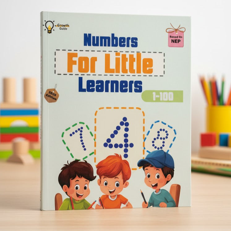 Book titled 'Numbers For Little Learners' on a wooden surface with educational materials in the background.