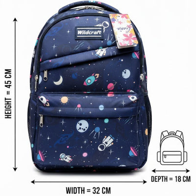 Navy blue backpack with space-themed design and measurements on a white background