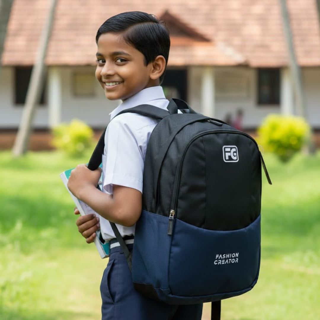 Child with a black and blue backpack outdoors