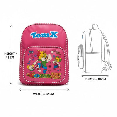 Pink school backpack with cartoon characters and measurements on a white background