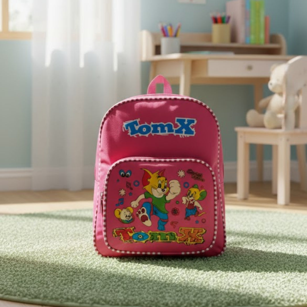 Pink backpack with cartoon characters on a green rug in a room with a desk and toys.