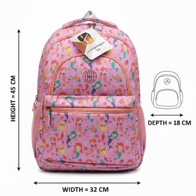 Pink backpack with mermaid pattern and measurements on a white background