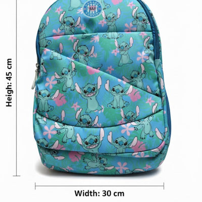 Backpack with cartoon character design and measurements on a white background