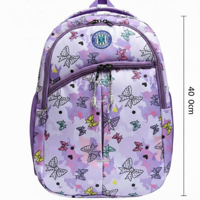 Backpack with butterfly pattern and dimensions on a white background
