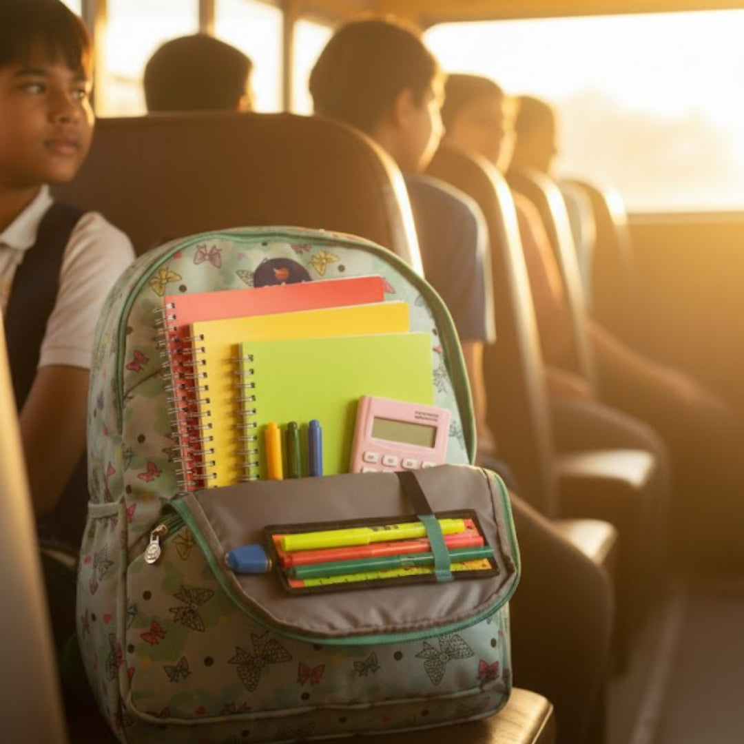 Backpack filled with school supplies on a school bus