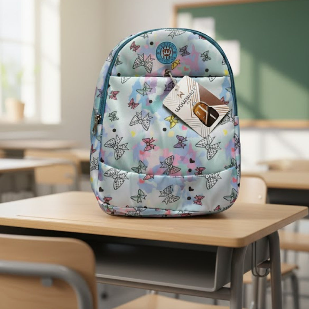 Backpack with butterfly pattern on a classroom desk