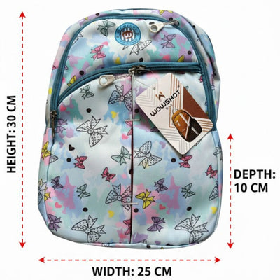 Backpack with butterfly pattern and measurements on a white background