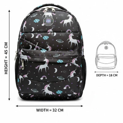Backpack with unicorn pattern and measurements on a white background