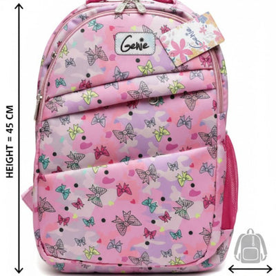 Pink backpack with butterfly pattern and measurements on a white background