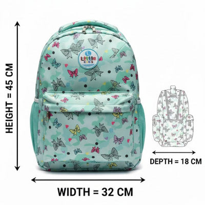 Backpack with butterfly pattern and measurements on a white background