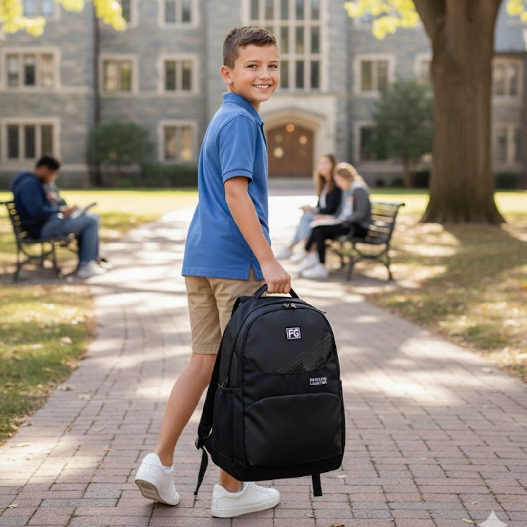 Young boy with a black backpack walking on a campus path