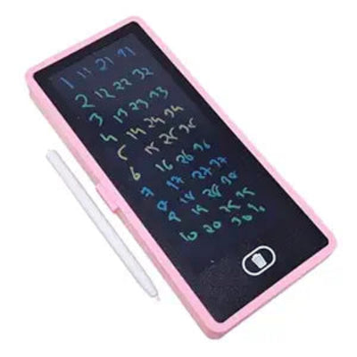 Pink electronic writing pad with digital pen on a white background