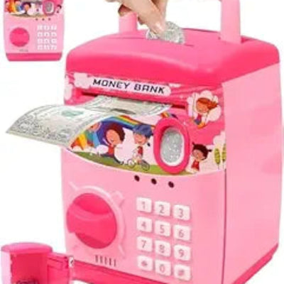 Pink toy money bank with calculator and ATM-like features, featuring cartoon characters on the door.