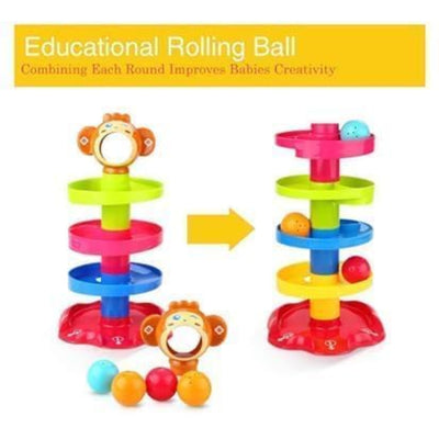 Colorful educational rolling ball toy with monkey design on a white background