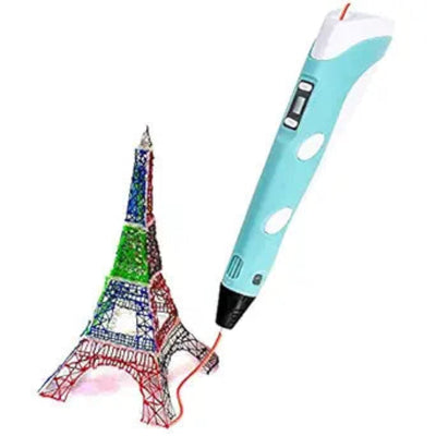 3D printing pen creating a colorful model of the Eiffel Tower on a white background