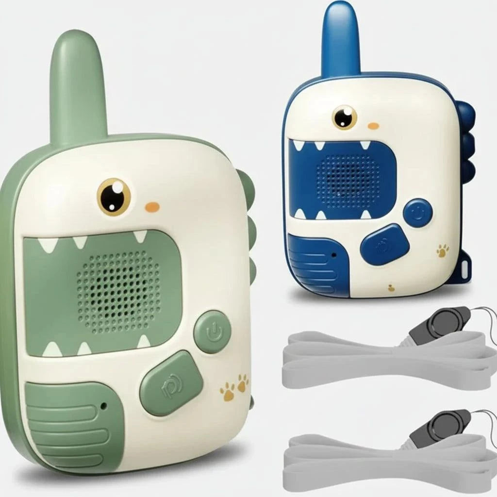 Two toy walkie-talkies with animal designs and accessories on a white background