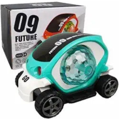 Toy car with a box labeled '09 Future' on a white background