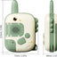 Green and beige walkie-talkie with measurements on a white background