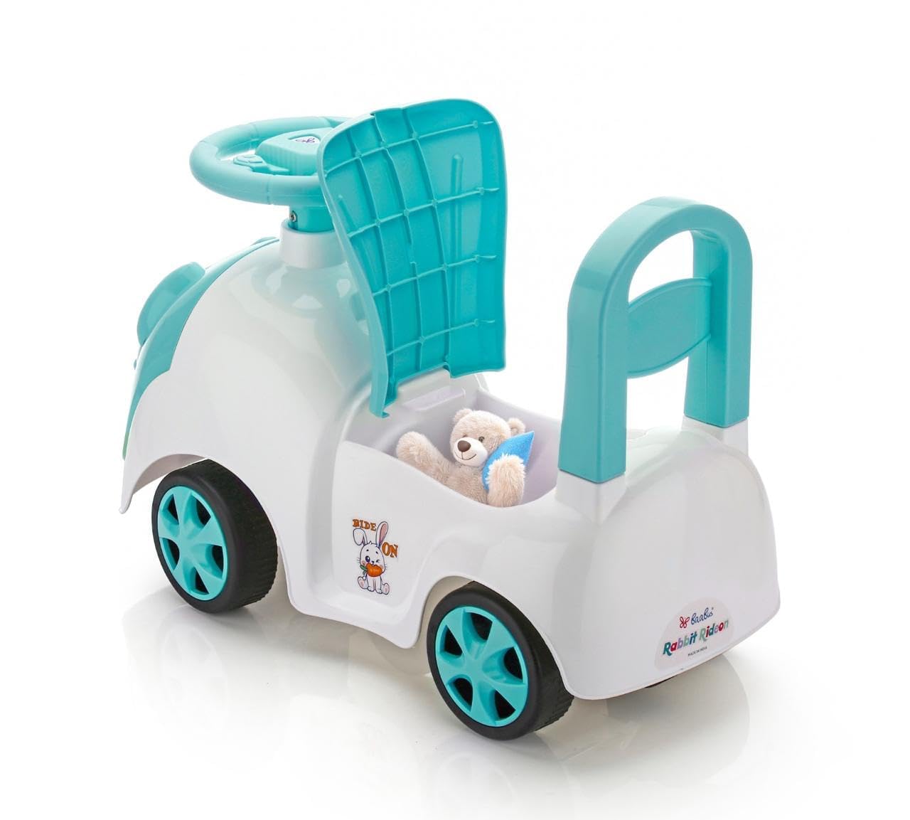 Children's toy car with a teddy bear inside on a white background