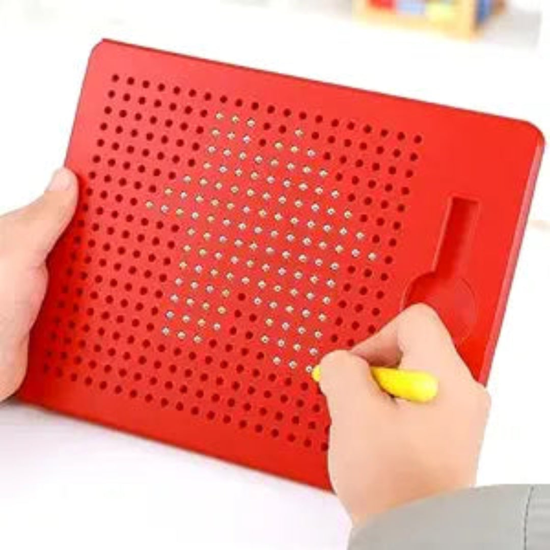 Red dot matrix board with hands holding a yellow marker