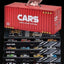 Red toy container with 'CARS' branding and multiple drawers containing toy cars on a black background.