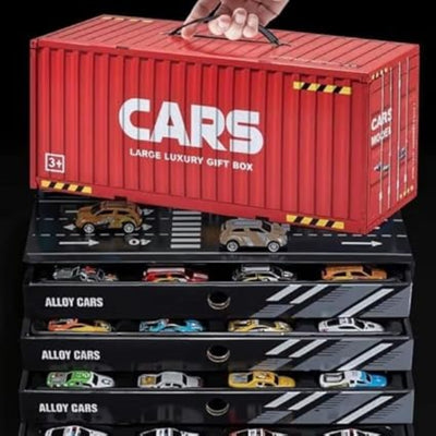 Red toy container with 'CARS' branding and multiple drawers containing toy cars on a black background.