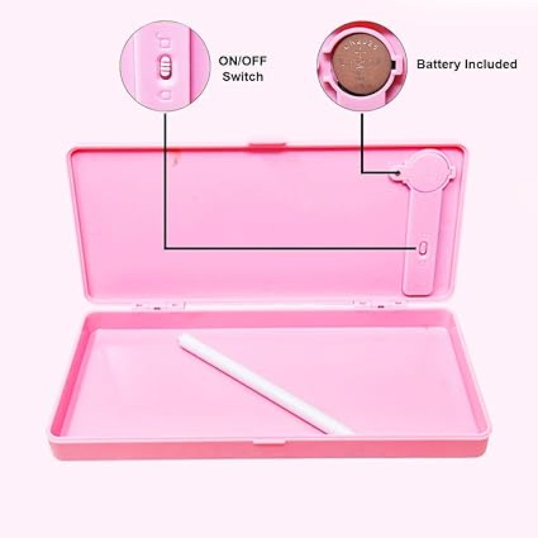 Pink electronic device with on/off switch and battery indicator, showing components on a white background.