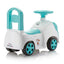 White and turquoise children's balance bike on a white background