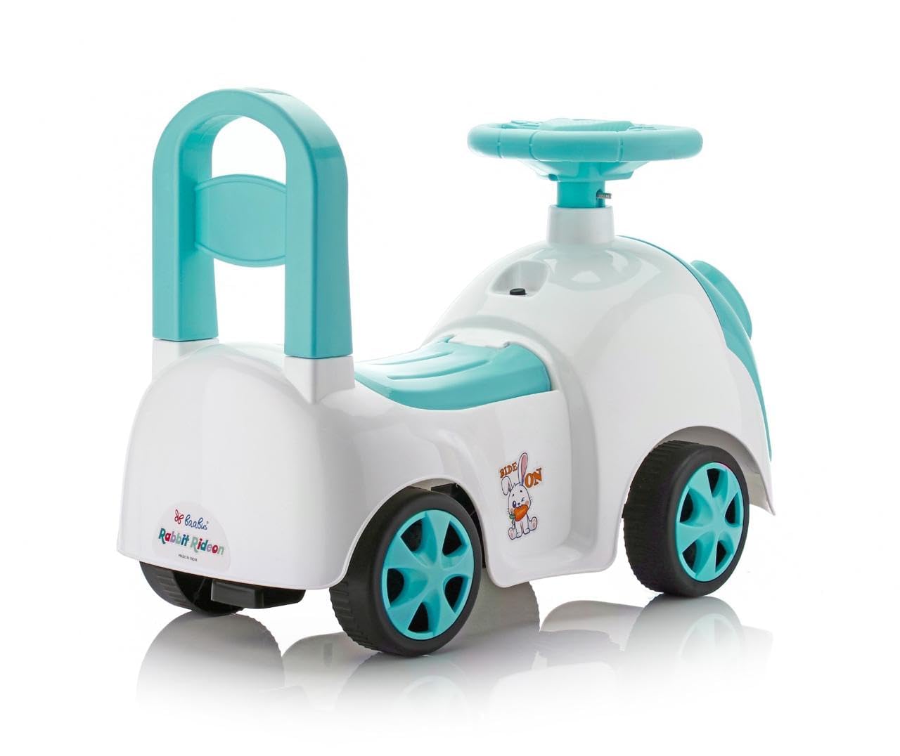 White and turquoise children's balance bike on a white background