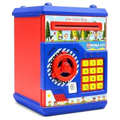 Toy ATM safe box with colorful design on a white background
